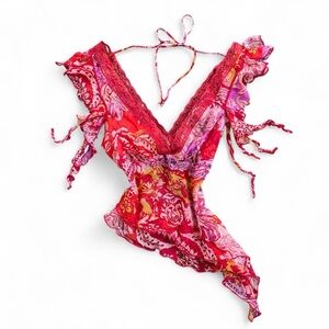 ❌SOLD❌Kimchi Blue Ruffle Deep V Neck Asymmetrycal Blouse